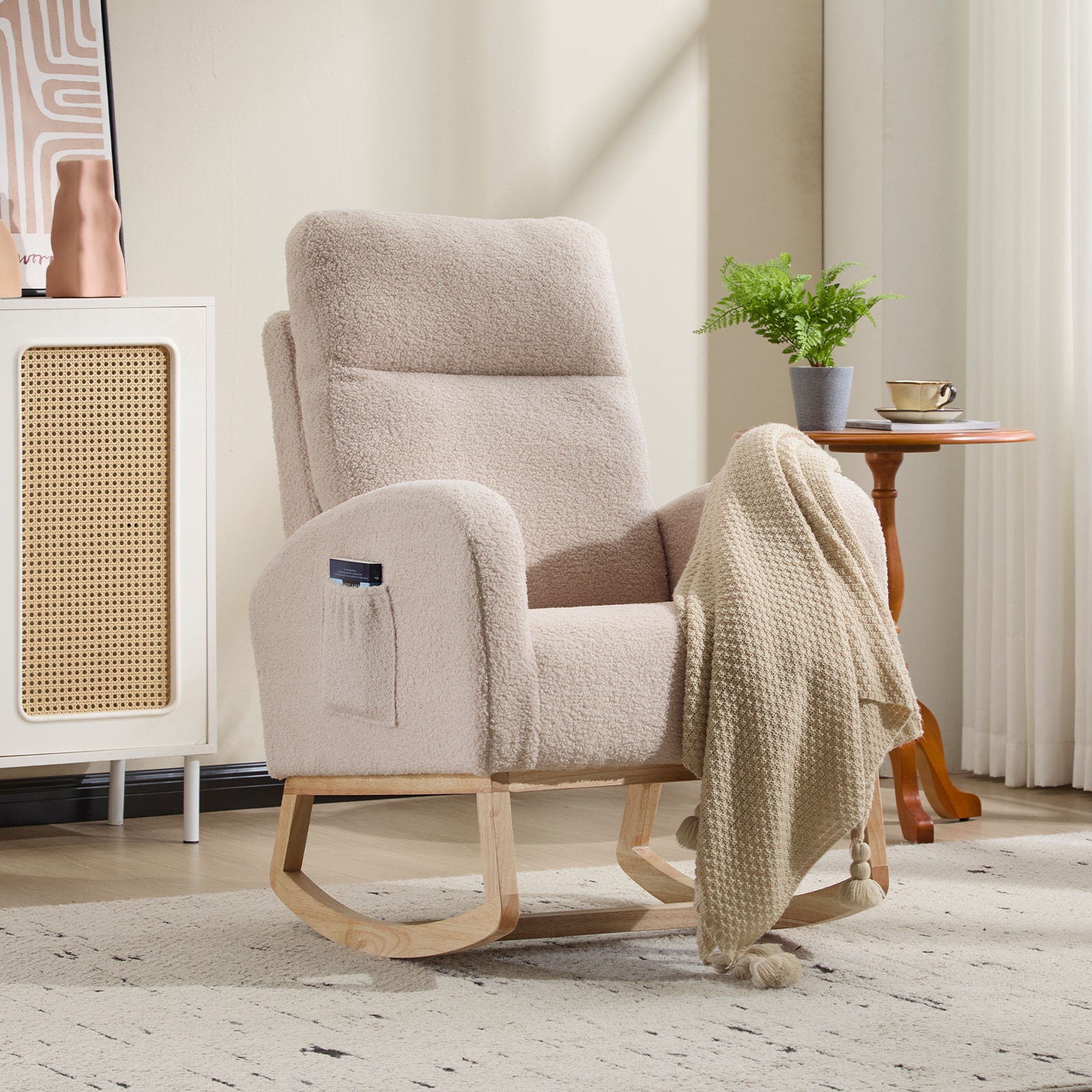 Modern Accent Rocking Chair Rocking Chair With Solid Wood Legs, Upholstered Nursery Glider Rocker, Comfy Armchair With Side Pocket, Living Room Lounge Arm Chair With High Backrest (Beige,teddy)_voghion.com